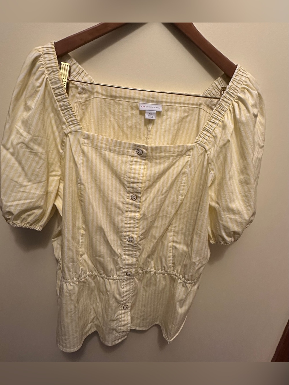 Liz Claiborne Pale Yellow Striped Square Neck Puff Sleeve Blouse